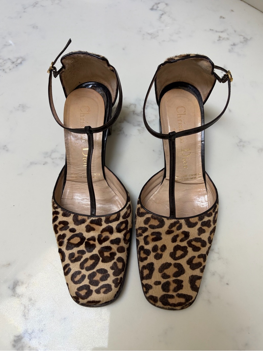 Dior horse hair Leopard Print T-Strap Heels - Brown & Black
